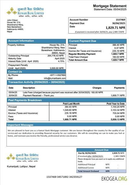 Modèle Word et PDF de relevé hypothécaire de la Nepal Kumari Bank